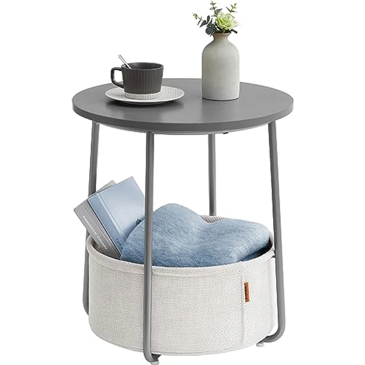 VASAGLE Beistelltisch rund, Kleiner Tisch, Couchtisch klein, Wohnzimmertisch, Korb aus Stoff, Stauraum für Wohnzimmer Schlafzimmer, Nachttisch modern, zementgrau-cremeweiß LET223G49 – Bild 1