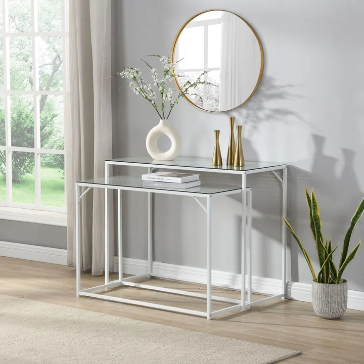 FINEBUY Konsolentisch FB72752 2er Set e Flurtische Metall Glasplatte Modern Industrial (Dekotische 2er Set Weiß Glas Metall Modern), Ablagetische Wohnzimmer, Glastische Platzsparend – Bild 2