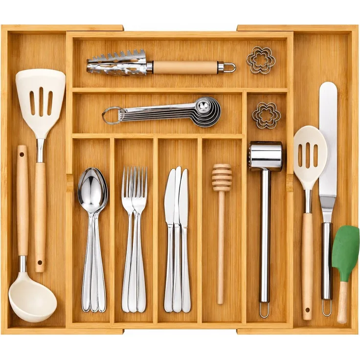 Refined Living Besteckeinsatz Ausziehbarer Besteckkasten Bambus Schubladen Organizer,Besteckeinsatz (Flexibler Besteckeinsatz, ausziehbar von 32 bis 53,5 cm, Besteckeinsatz Schubladen Organizer mit 7–9 Fächern, Besteckhalter, Küchen Organizer für, Schu...