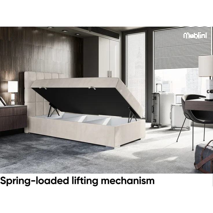 MEBLINI Boxspringbett LUKAS 100x200 cm mit Bettkasten - H4/Beige Samt Gepolstert Einzelbett mit Topper & Taschenfederkern-Matratze - 100x200 Links