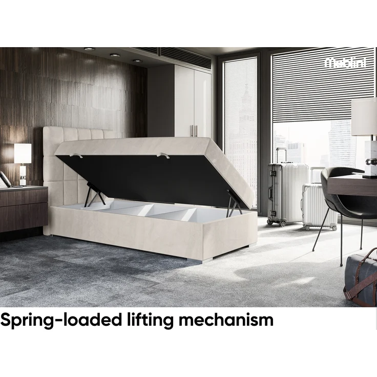MEBLINI Boxspringbett LUKAS 100x200 cm mit Bettkasten - H4/Beige Samt Gepolstert Einzelbett mit Topper & Taschenfederkern-Matratze - 100x200 Links – Bild 1