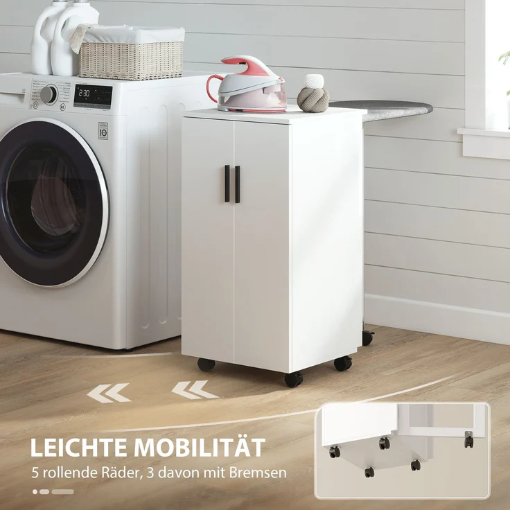 2-in-1 faltbarer Bügelbrettschrank auf Rollen mit Bügelbrett und verstellbarem Regal für kleine Räume, Weiß--Weiß--83x43x99.5cm--YOUDENOVA – Bild 9
