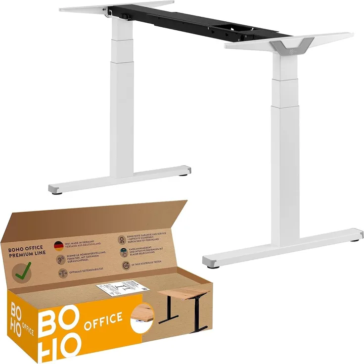 boho office® Premium Line - TÜV geprüfter, elektrisch stufenlos höhenverstellbarer Schreibtisch in Weiß (RAL9016) mit Kollisionschutz, Memoryfunktion und Softstart/Stop Funktion ohne Tischplatte