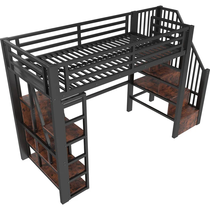 Hochbett mit RGB LED-Streifen und Regal, 90x200cm, Metallbett mit Rausfallschutz, Lattenrost und Treppe, Kinderbett – Bild 7