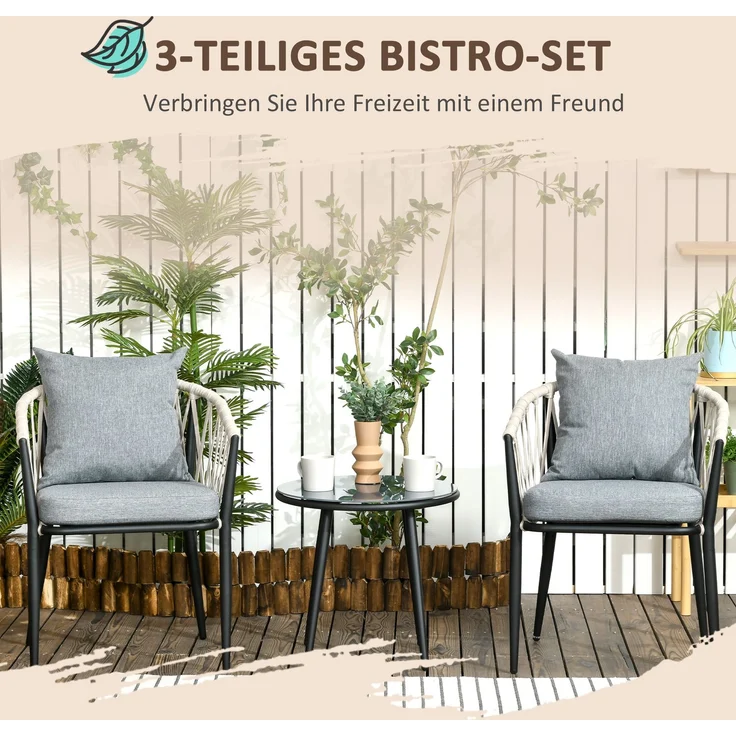 MELAYR, Gartenmöbel Set für 2 Personen inkl. 1 Tisch, 2 Stühlen mit Sitzkissen, Balkon-Set, Stahl, Grau, 57 x 60 x 75 cm – Bild 6