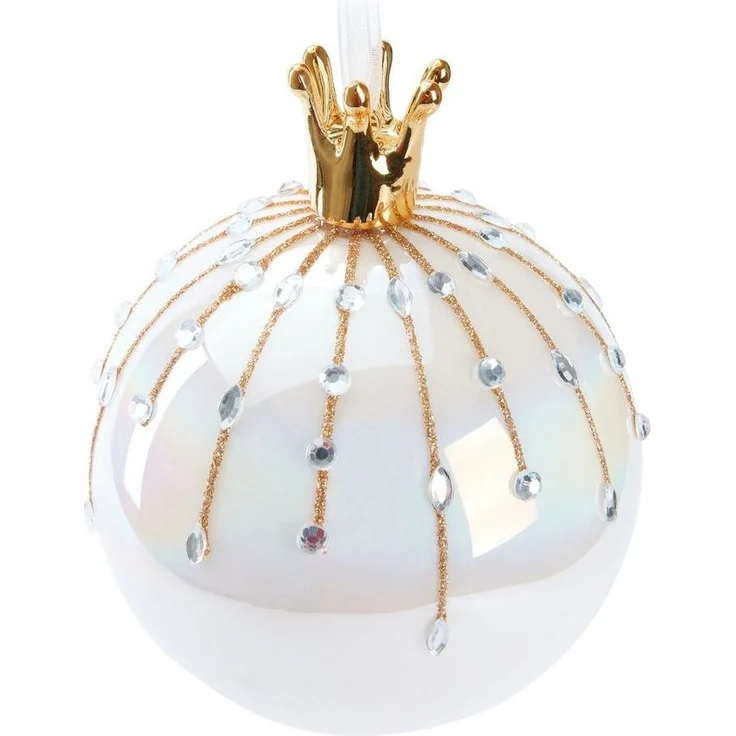 BRUBAKER Weihnachtsbaumkugel Premium Weihnachtskugel in Perlmutt Farbe - 10 cm Baumkugel aus Glas (1 St), Handarbeit - Christbaumschmuck mit Porzellan Figur Schwan oder Krone – Bild 1