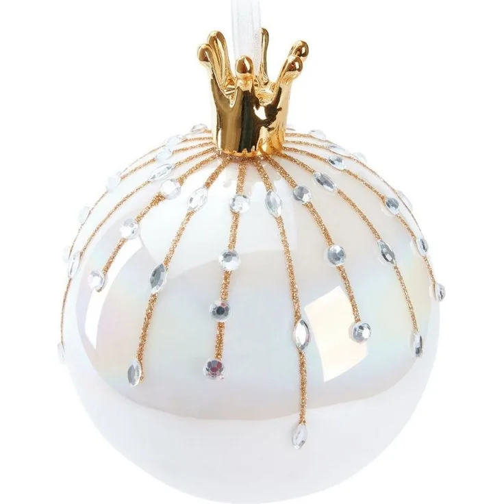 BRUBAKER Weihnachtsbaumkugel Premium Weihnachtskugel in Perlmutt Farbe - 10 cm Baumkugel aus Glas (1 St), Handarbeit - Christbaumschmuck mit Porzellan Figur Schwan oder Krone