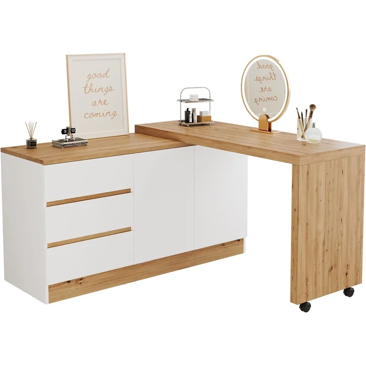 ZUBALIYA Schreibtisch mit feststellbaren Rollen – multifunktionales Design, 4 cm dickere, drehbare Tischplatte, fest arretierbar, weiß/Eiche, Faltbarer Schreibtisch, Eckschreibtisch, Sideboard,Dicke Materialie – Bild 9