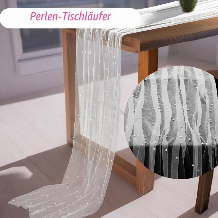 FOUORTUNATE-BEE Tischläufer Tischläufer aus Tüll mit Perlen 75 x 300 cm, Perlentüll Tischdecke (Tüllstoff Netz Tischband Tischdekoration für Hochzeit, Brautparty, Geburtstagsfeier und Hochzeitsbogen) – Bild 2