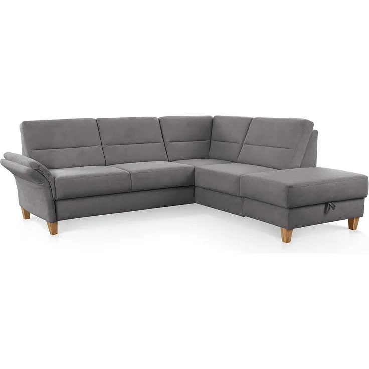 CAVADORE Schlafsofa Wyk mit Federkern / Eckcouch im Landhaus-Stil mit Ottomane, Bett, Stauraum + Armteilfunktion / 238 x 90 x 213 / Jacquard, Grau