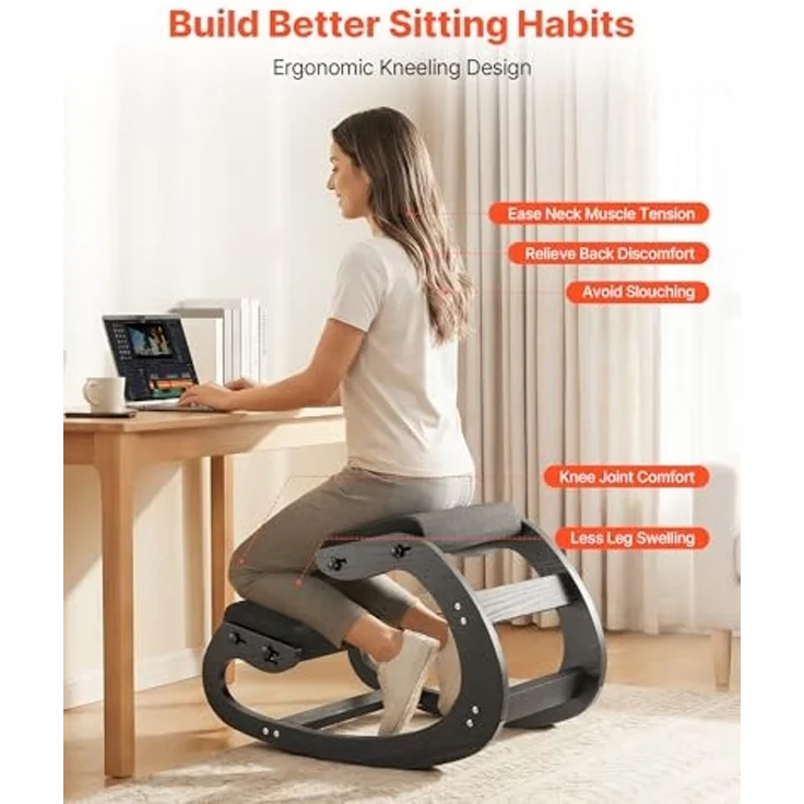 VEVOR Ergonomischer Hocker mit Dicken, Integrierten Schaumstoffpolstern & Massivholzrahmen, Höhenverstellbarer Kniestuhl zur Entlastung von Nacken und Rücken, Ideal für Zuhause, Büro, Schwarz – Bild 4
