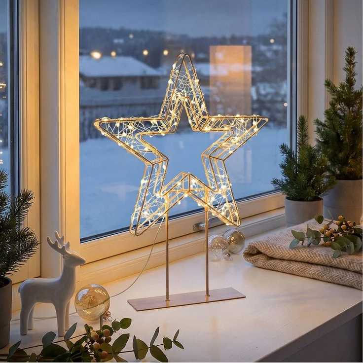 ECD Germany LED Stern LED Weihnachtsstern auf Sockel Weihnachtsdeko Außen mit Lichterkette, LED, Warmweiß, Leuchtstern 37 cm Weihnachtsbeleuchtung mit Timer 200 LED Warmweiß – Bild 1