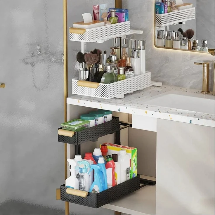 GarveeMore Küchenorganizer-Set 2 Layer CarbonStahl Küchenspüle Rack Schrank Schieben Ziehen Schublade, 41x39x31cm Gewürze Flasche geschichtet Lagerregal Badezimmer Organizer – Bild 2