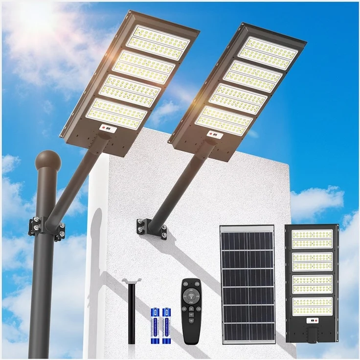 Rhein Beleuchtung LED Solarleuchte 2000W Solarlampen für Außen – Solarlampe mit Bewegungsmelder, 2000W, LED fest integriert, Kaltweiß, IP67, 6500K kaltweiß – Solar Gartenleuchten für Außen mit LEDs – Bild 1