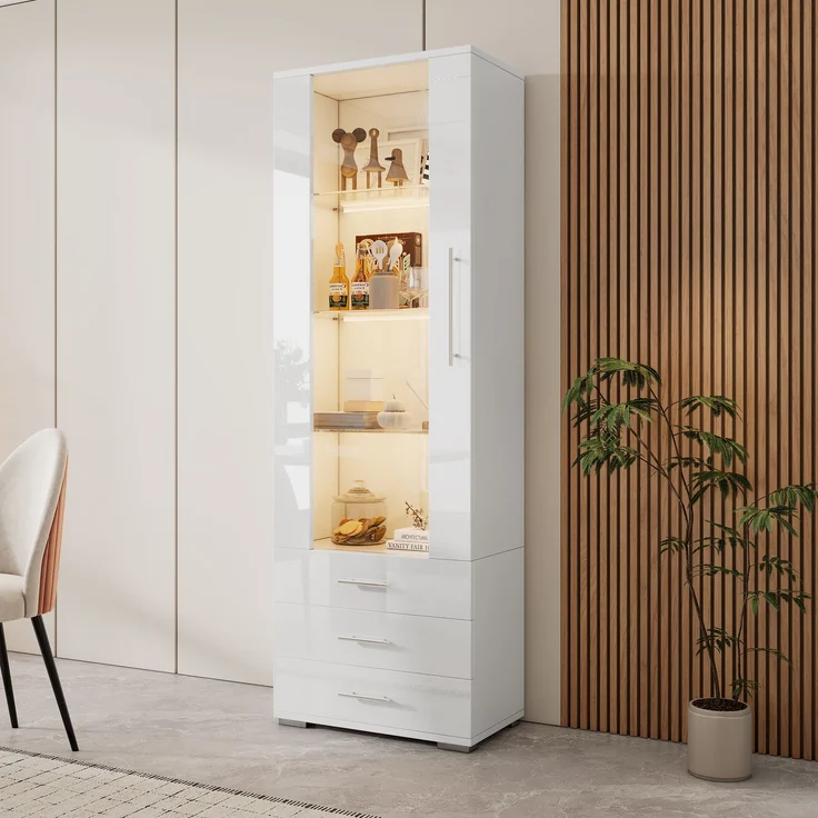 Weiße Hochglanzvitrine, Vitrine Glasvitrine , Standvitrine mit LED-Beleuchtung, Vertikale Vitrine mit 3 Schubladen, 60*35*180cm--Weiß--60x35x180cm--YOUDENOVA – Bild 3