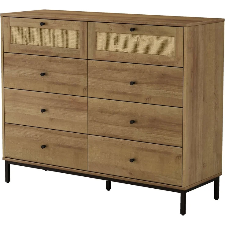 OTTO home Kombikommode Motala Wäsche Schrank mit 8 Schubladen Sideboard BOHO Design (Eichen-Design mit schwarzen Griffen und Geflecht Schubladen), Kommode Schrank Wäscheschrank mit 8 Schubladen – Bild 3