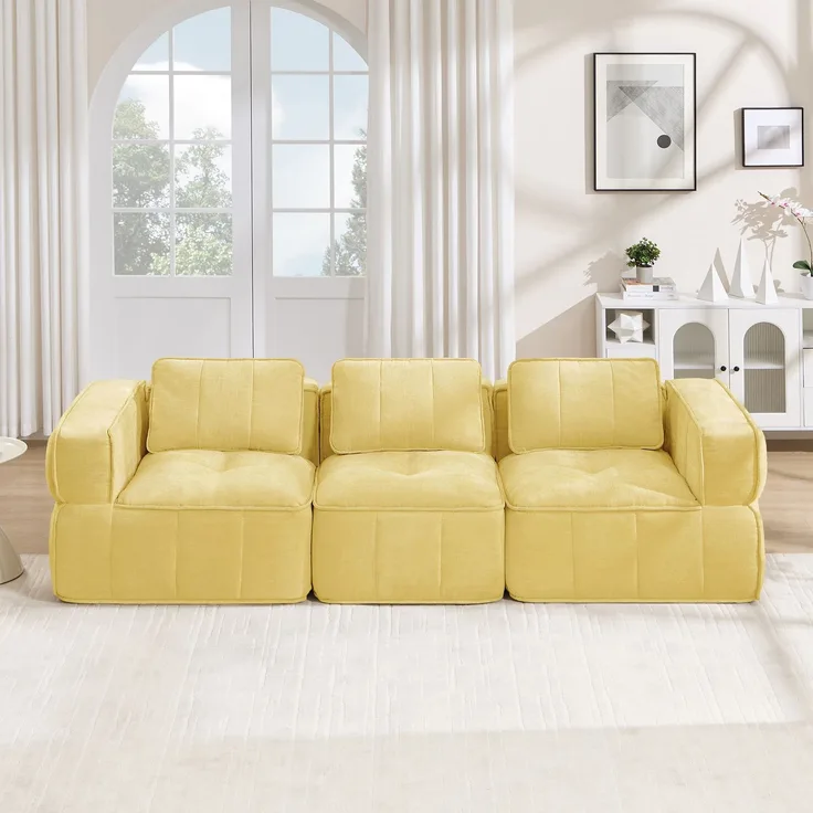 EINHOM Modulares 3-Sitzer-Sofa, stützenloses Design, 32D-Schaumstoff hoher Dichte, bequemer Stoff, geeignet für das Wohnzimmer, rutschfestes Design, keine Montage erforderlich, Gelb