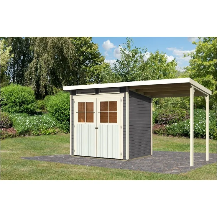 Karibu Gartenhaus 19 mm Glücksburg 2 mit Anbau 374 x 214 cm terragrau
