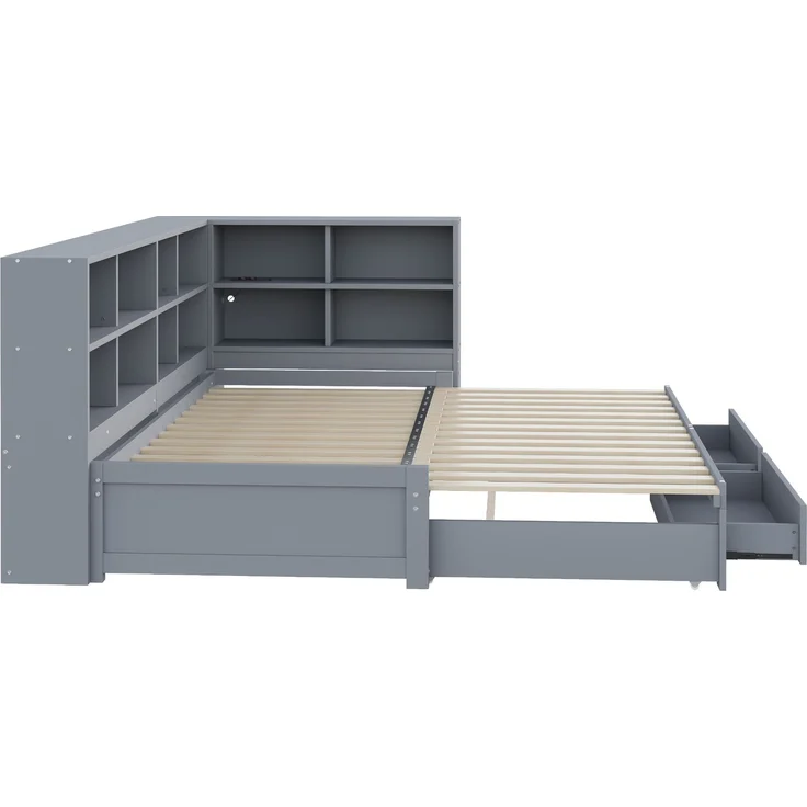 EINHOM Massivholzsofa 90 x 190 cm, mit Ausziehbarem Bett, mit Staufach, Schubladen, Lattenrost, Multifunktionales Einzelholzbett, Grau (Ohne Matratze) – Bild 5
