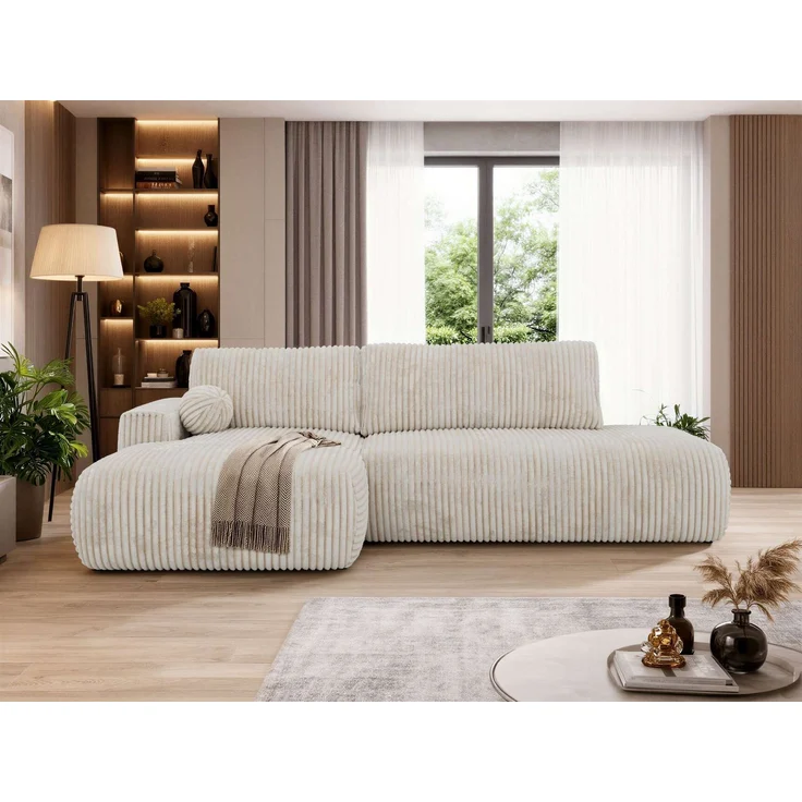 Ecksofa TAREN L mit Schlaffunktion, Bettkasten, DL-Mechanismus, Wellenfederung und freistehendem, Sofa mit Stauraum - Beige Cord - Links – Bild 4