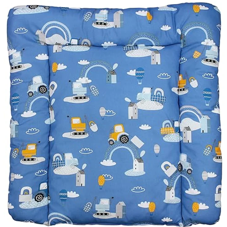 TupTam Baby Wickeltischauflage mit Baumwollbezug Gemustert, Farbe: Traktoren/Regenbögen/Blau, Größe: 70x70 cm – Bild 2