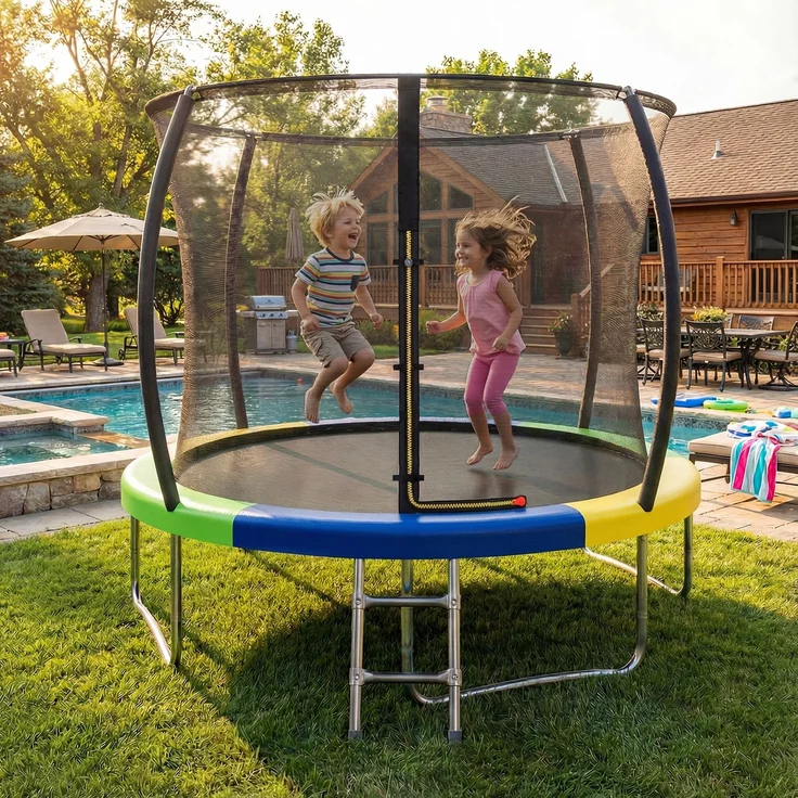 Devoko Gartentrampolin mit Sicherheitsnetz, Leiter, Randabdeckung, Stahlrahmen, Grün, Ø 290 cm – Bild 1