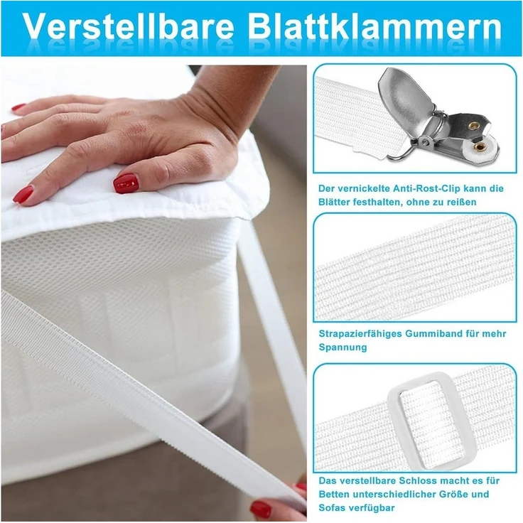 FELIXLEO Spannbettlaken Bettlakenspanner 8 Stück Elastisch mit Metallclips Weiß, (8 Stück) – Bild 3