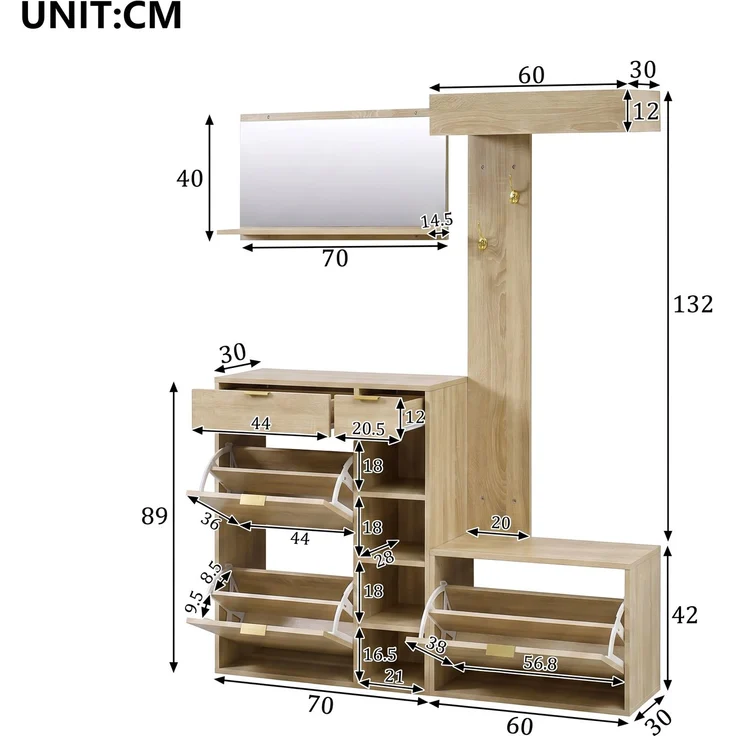 Flurgarderoben-Set, B 130 x T 30 x H 174 cm, aus Spanplatte in Holzdekor und Weiß – Bild 5