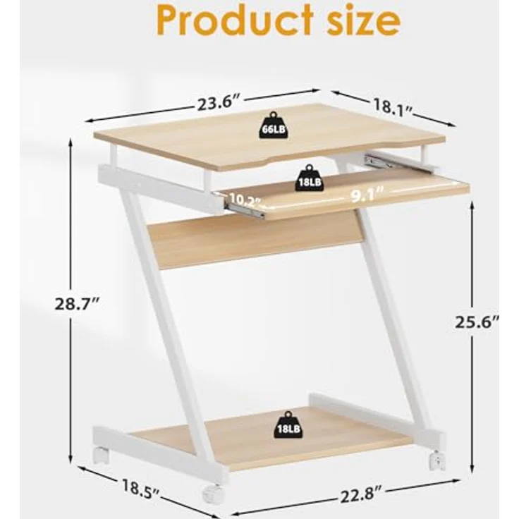 SogesHome Schreibtisch Klein Computertisch mit 4 Rollen 2 Davon mit Bremsen PC-Tisch in Z-Form mit Tastaturauszug für Zuhause und Büro, 60x48 cm – Bild 4