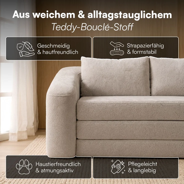 skølm 'Fjäll' Schlafsofa 2 Sitzer mit 2 Kissen, beige, Teddy-Bouclé Sofa ausklappbar, mit Liegefunktion, vakuumverpackt ohne Aufbau – Bild 4