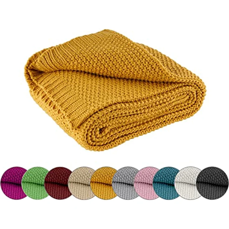 wometo Strickdecke Gelb, 140x190 cm, Oeko-Tex®, pflegeleicht, hochwertige Grobstrick-Optik – Bild 1