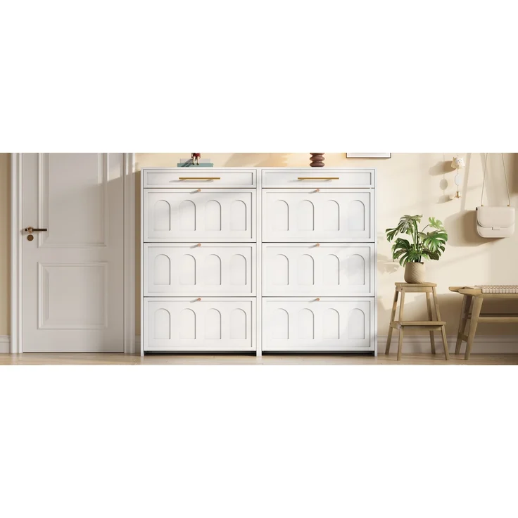 ZUBALIYA Schuhschrank (140 x 25 x 123,5 cm), 2 Schubladen, Verstellbare Einlegeböden, Stauraum für Flur und Eingangsbereich, Weiß – Bild 7