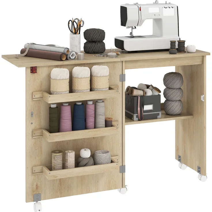 Rayofly-klappbarer Nähtisch mit ausklappbarer Tischplatte, Aufbewahrungsboxen, offenem Regal und Rollen, Naturholz, H 77,5cm x T 117cm x B 40cm