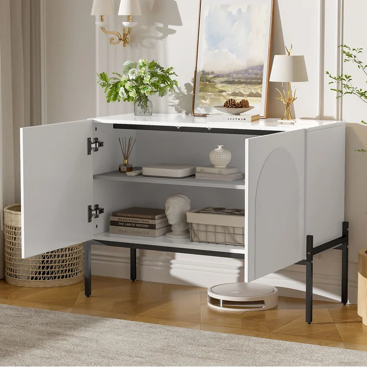 DESVIAE Sideboard Weiß aus Spanplatte – 100x75x40 cm – 2 Türen, Metallbeine – Bild 5