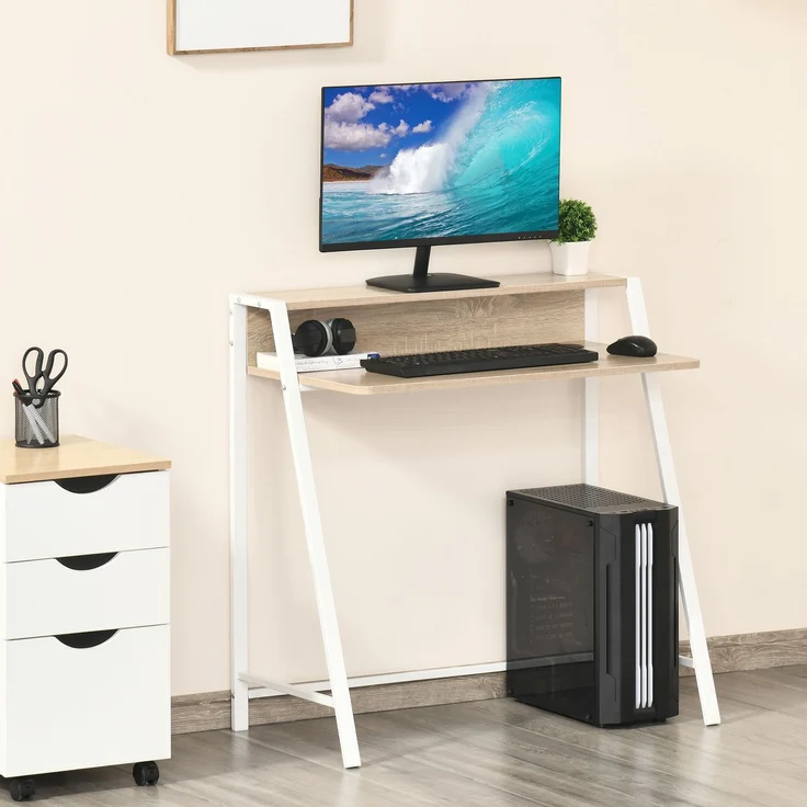 Schreibtisch Moderner Computertisch mit Ablagefach & Kabeldurchlass Metallgestell Weiß Eiche 84x45x85cm für Home Office & Arbeitszimmer--Weiß--84x45x85cm--YOUDENOVA – Bild 2