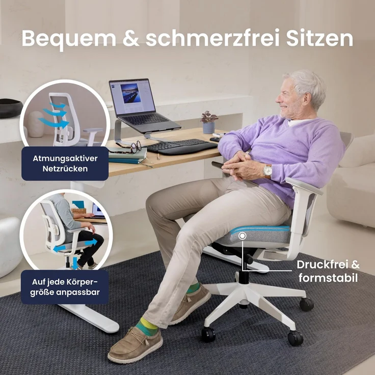 Ergotopia 'PureBack' ergonomischer Bürostuhl mit Lordosenstütze & 4D-Armlehne, Grau, ohne Kopfstütze – Bild 2