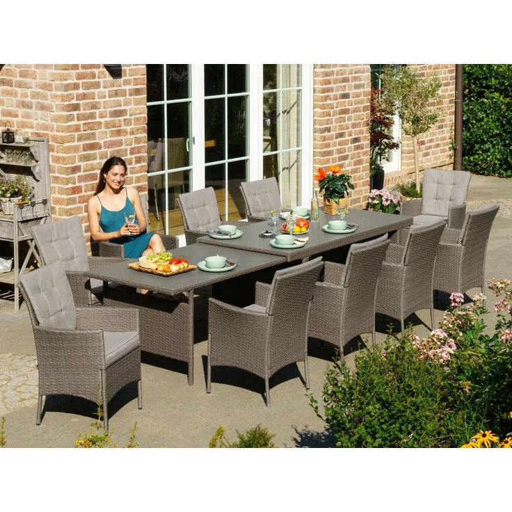 KONIFERA Garten-Essgruppe Mailand, (Set, 31-tlg, 10x Sessel, 1x AZ-Tisch 179-302 cm, inkl. Auflagen), Polyrattan, Stahl, Braun – Bild 5