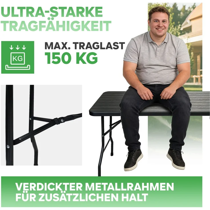 Eiryss Klappbarer Gartentisch 180x74cm, Outdoor Campingtisch für 8 Personen, schwarz mit Holzoptik-Kunststoffplatte, Metallrahmen, belastbar 150kg, 3 Sicherheitsverschlüsse, Buffetstisch für Garten, Balkon – Bild 3