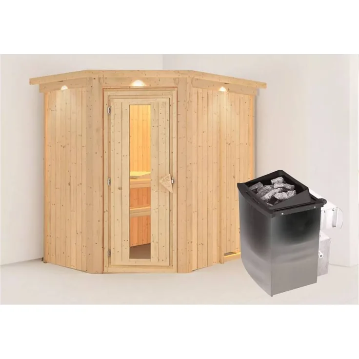 Karibu Sauna Carin mit Dachkranz + 9kW Saunaofen mit integrierter Steuerung Klarglas Ganzglastür