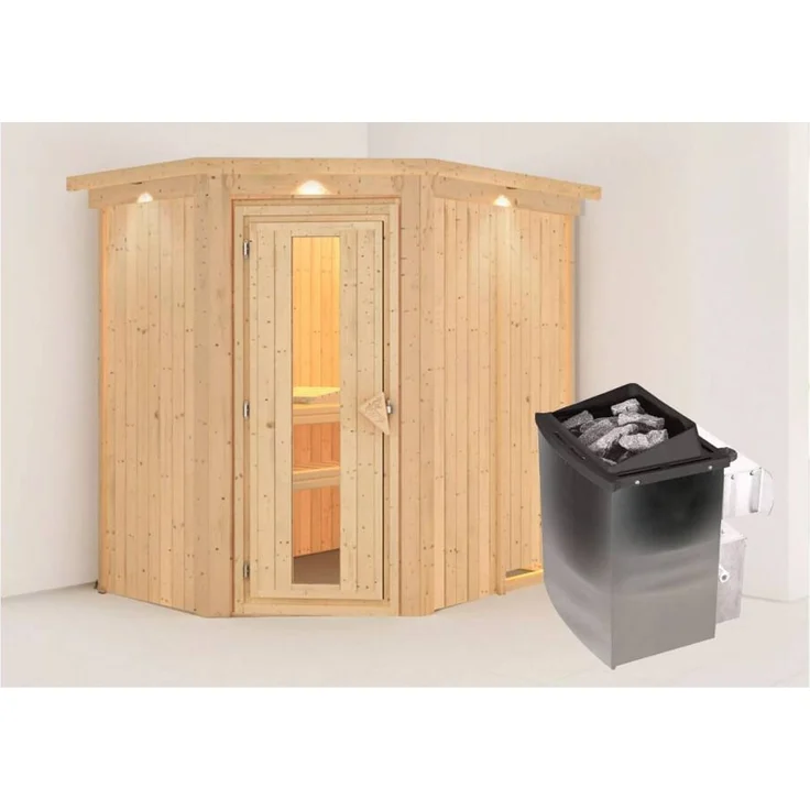 Karibu Sauna Carin mit Dachkranz + 9kW Saunaofen mit integrierter Steuerung Klarglas Ganzglastür – Bild 1