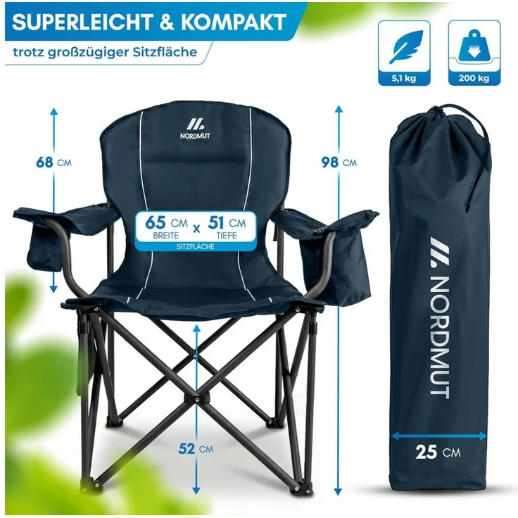 Nordmut Campingstuhl Klappstuhl faltbar, Outdoor Strand Angeln Garten, 200 kg, Armlehne (Spar-Set, 2 St), Kühltasche, Getränkehalter, breite Sitzfläche, gepolstert, wetterfest – Bild 2