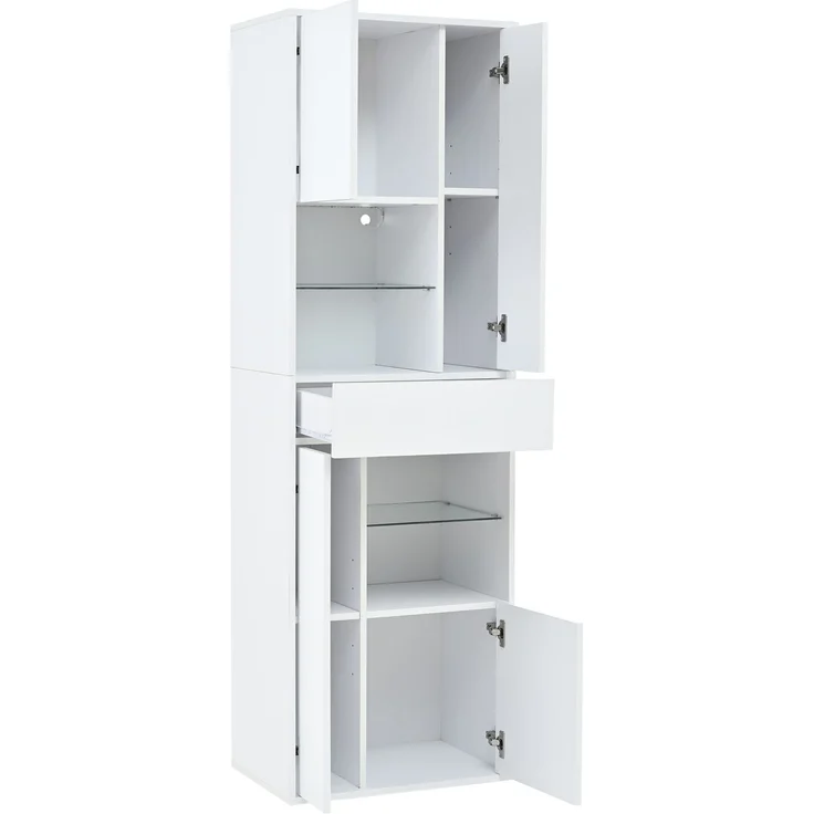 Merax 170cm Verkaufsvitrine, Hochschrank mit 1 Schublade und 4 Schränken, Glasvitrine Vitrinenschränke mit led beleuchtung, Vitrinen Mit Hochglanz-Design, Weiß – Bild 8
