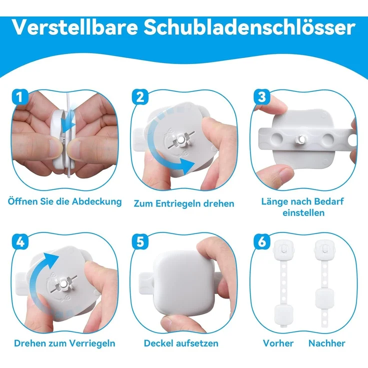 ECHOCUBE Kindersichere Schrankschlösser, 6 Stück Doppelschlösser Baby-sichere Schrankschlösser, verstellbare Baby-Sicherheitsschlösser für Schränke, Schubladen, Kühlschrank, Toilette (weiß) – Bild 4