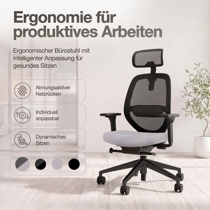 ASSMANN Ergonomischer Bürostuhl Atessa mit Netzrücken und Kopfstütze Hellgrau 63x53x121cm Textil – Bild 2