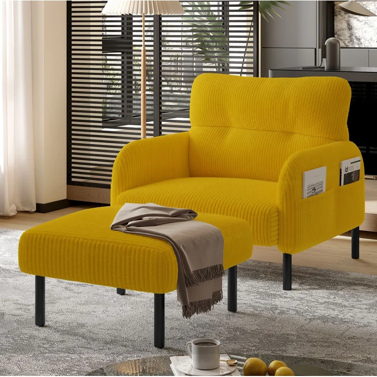 Fußhocker aus Cord mit Polsterung und Metallgestell, 56x51x39 cm, Gelb – Bild 3