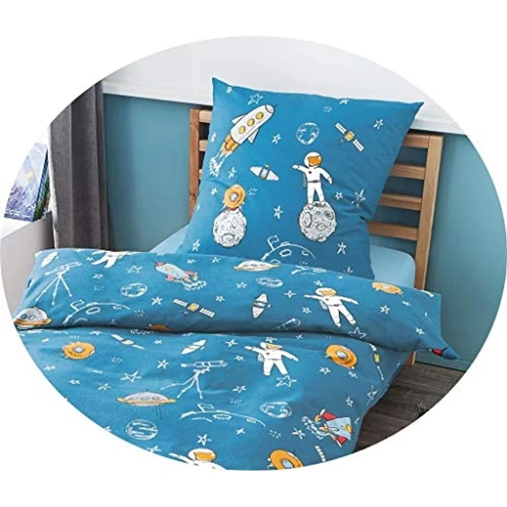 JACK Bettwäsche JACK by Bierbaum 135x200cm, Biber, 2 teilig, Astronaut Weltall Sterne Weltraum Raumschiff Blau – Bild 3