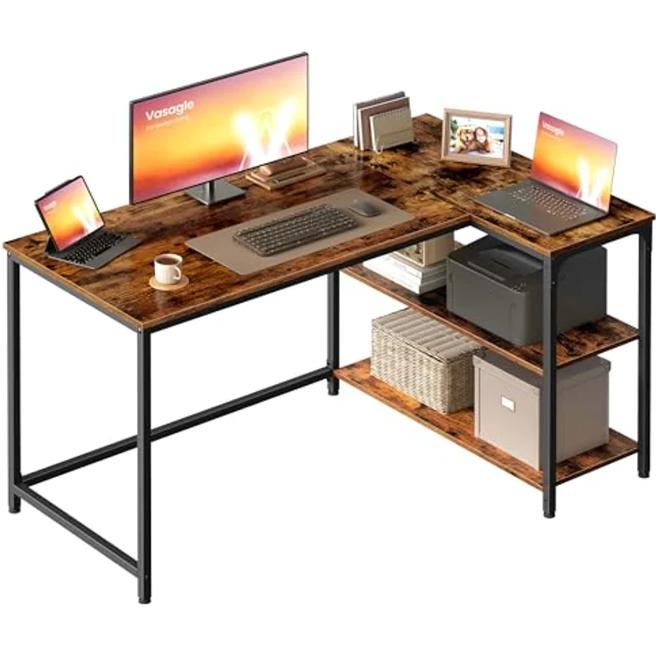VASAGLE Eckschreibtisch in L-Form, Computertisch mit Stauraum, Bürotisch, höhenverstellbare Ablage, für Homeoffice, 120x80 cm, vintagebraun LWD136KD01 – Bild 2