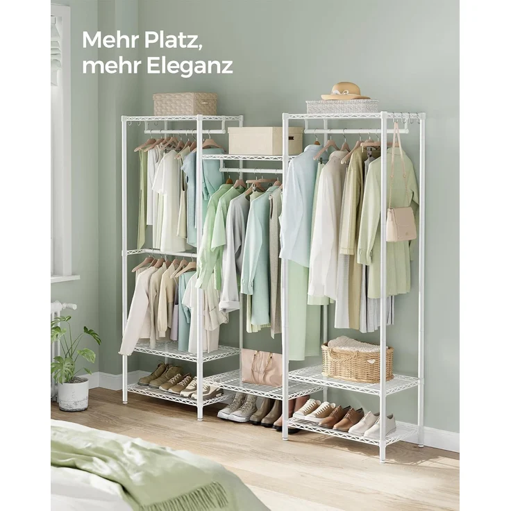 SONGMICS Kleiderständer, offener Kleiderschrank, Garderobe aus Metall, Garderobenständer mit verstellbaren Ablagen und Kleiderstangen, Haken, hochbelastbar, trennbar, wolkenweiß LGRDE431W01 – Bild 4