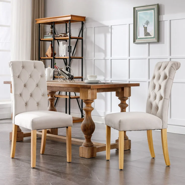 Esszimmerstühle, Samt, 6er Set mit Eichenbeinen & Knopfdetails, 100 x 63 x 43, Beige – Bild 4