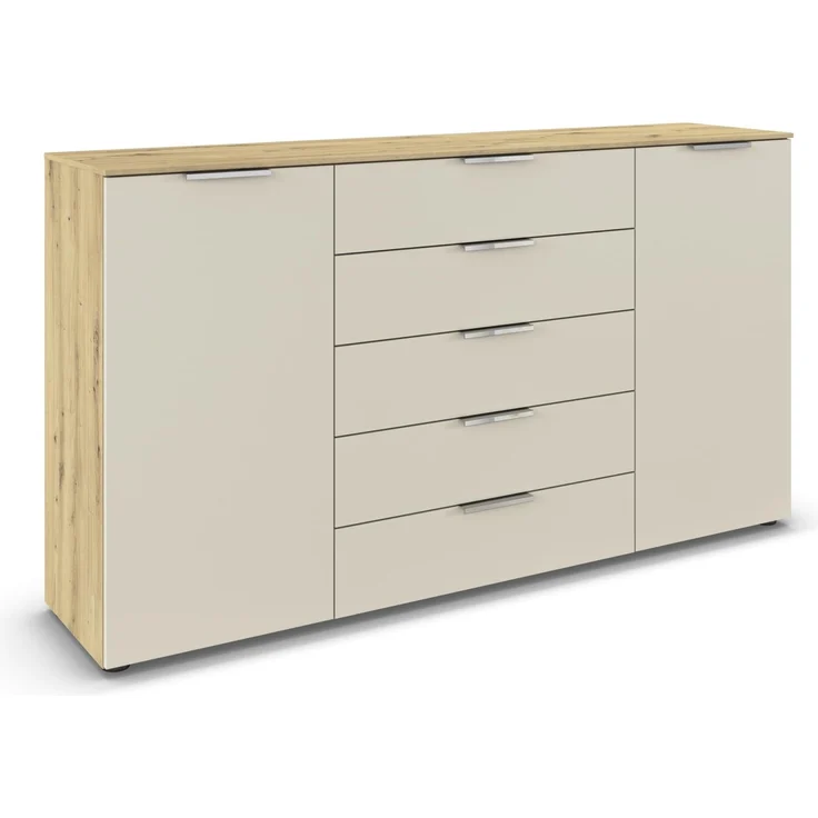 Rauch Möbel Flipp, Kommode für Schlafzimmer, Kinderzimmer, Wohnzimmer, Jugendzimmer, Flur, Garderobe, 2-türig, 5 Schubladen, mit Softclose-Funktion, Farbe Eiche Artisan, Holz/Beige, Breite 180 cm – Bild 1